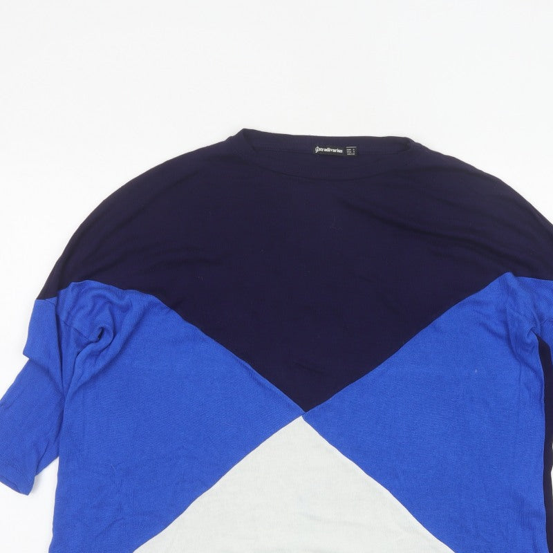 Stradivarius Women’s Blue Navy White S Geometric 3/4 Sleeve Jumper
