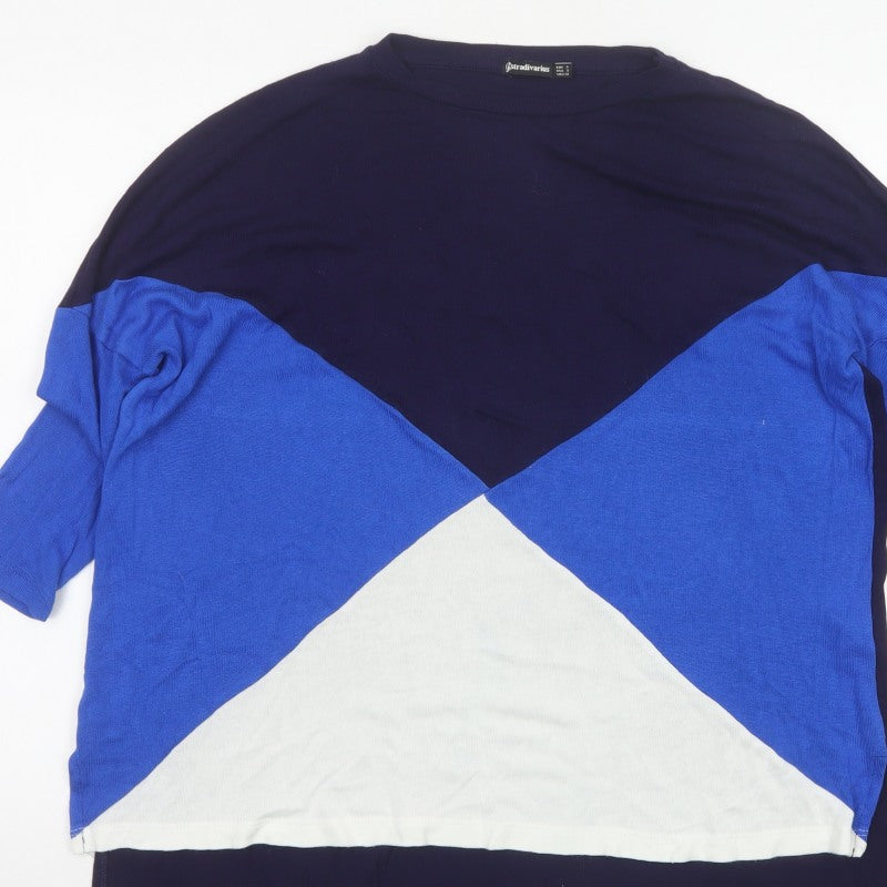 Stradivarius Women’s Blue Navy White S Geometric 3/4 Sleeve Jumper
