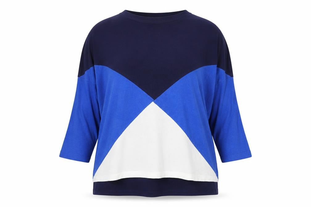 Stradivarius Women’s Blue Navy White S Geometric 3/4 Sleeve Jumper