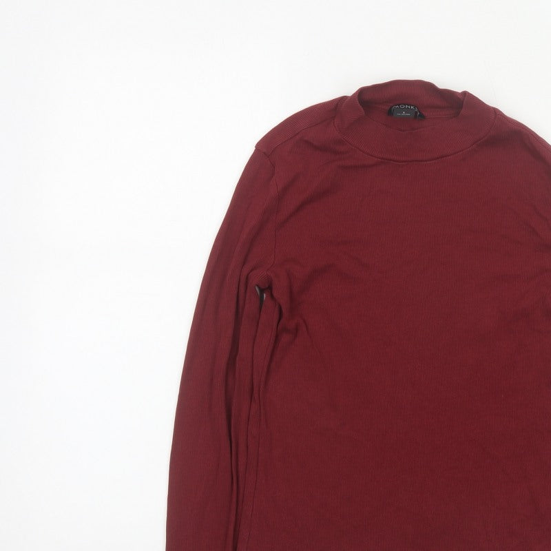 Monki Women Red Size 10 Ribbed High Neck Long Sleeve Basic Top