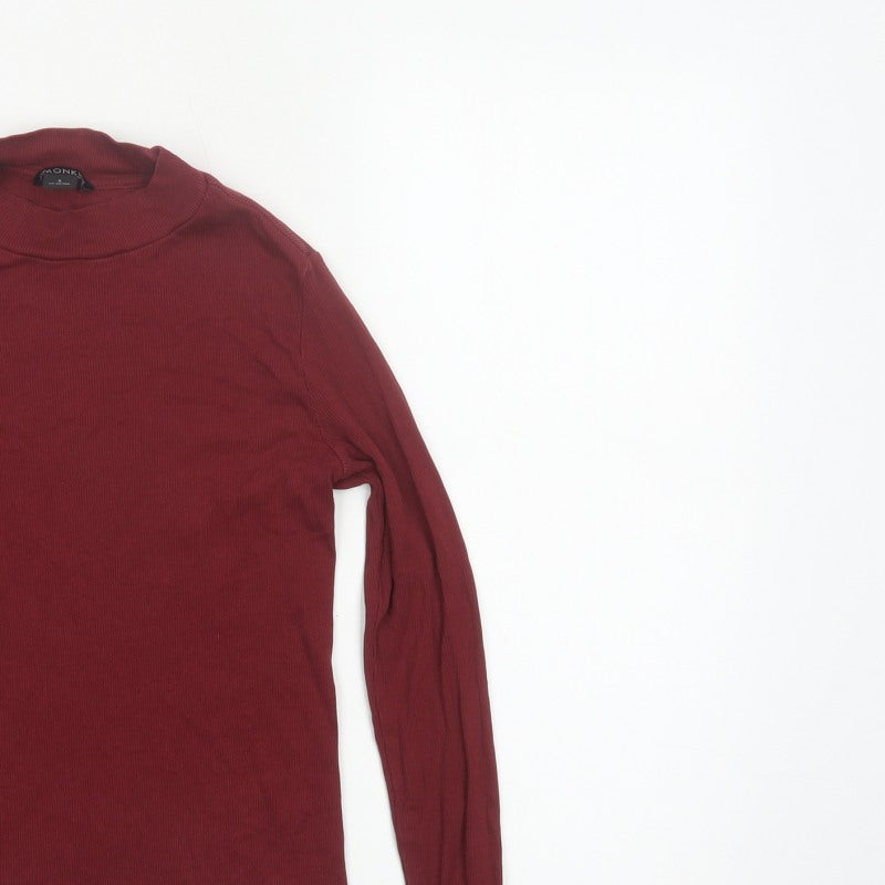 Monki Women Red Size 10 Ribbed High Neck Long Sleeve Basic Top