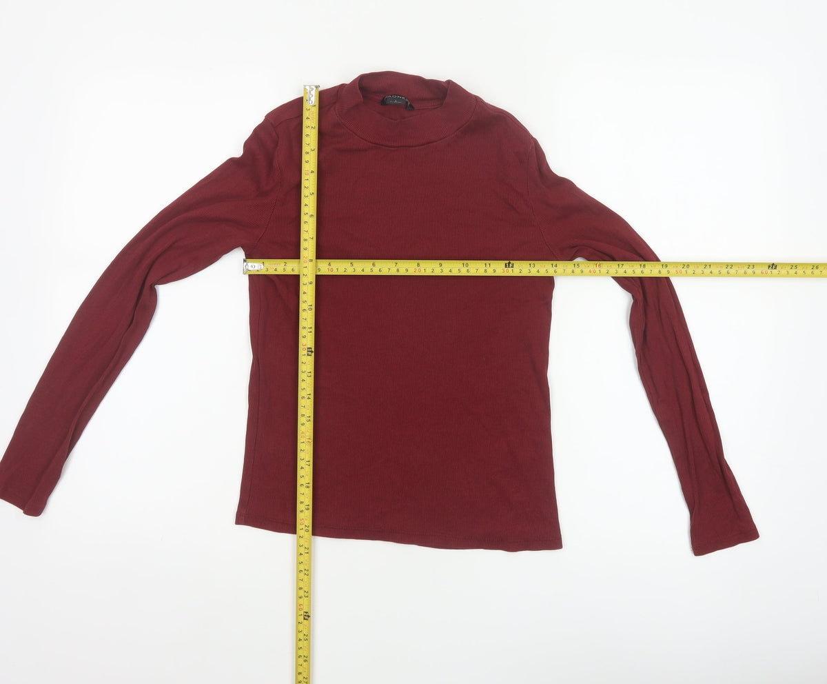 Monki Women Red Size 10 Ribbed High Neck Long Sleeve Basic Top