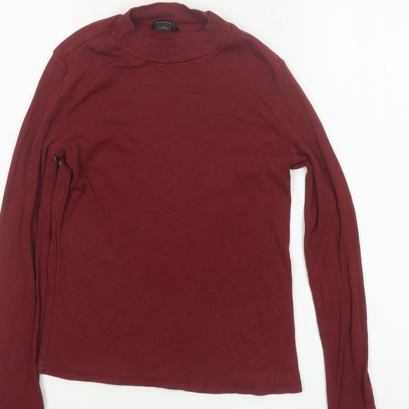 Monki Women Red Size 10 Ribbed High Neck Long Sleeve Basic Top