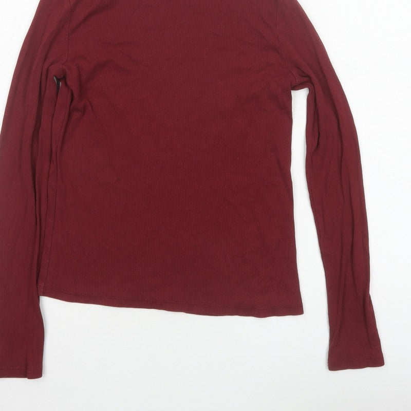 Monki Women Red Size 10 Ribbed High Neck Long Sleeve Basic Top