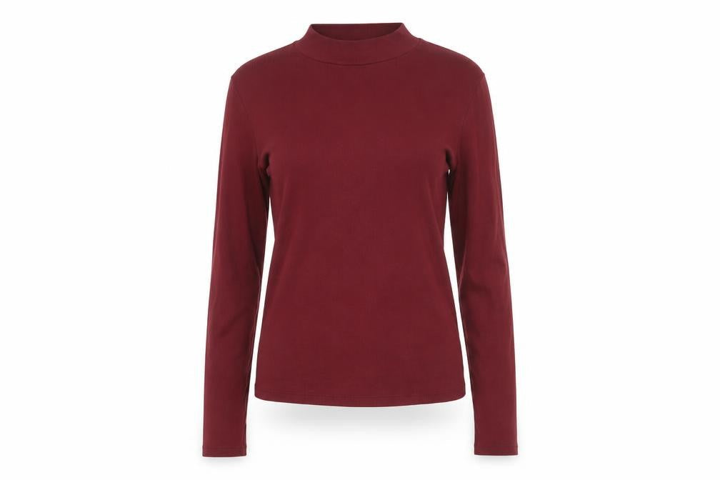 Monki Women Red Size 10 Ribbed High Neck Long Sleeve Basic Top