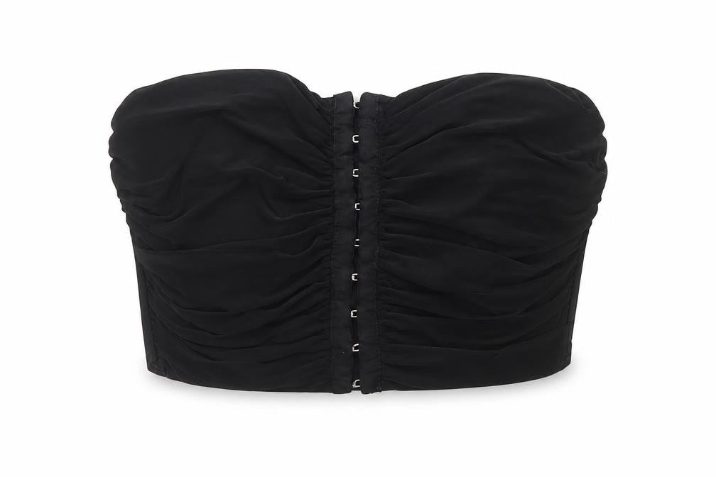 Pink Vanilla Women Black M Cropped Strapless Ruched Hook & Eye Bandeau Top