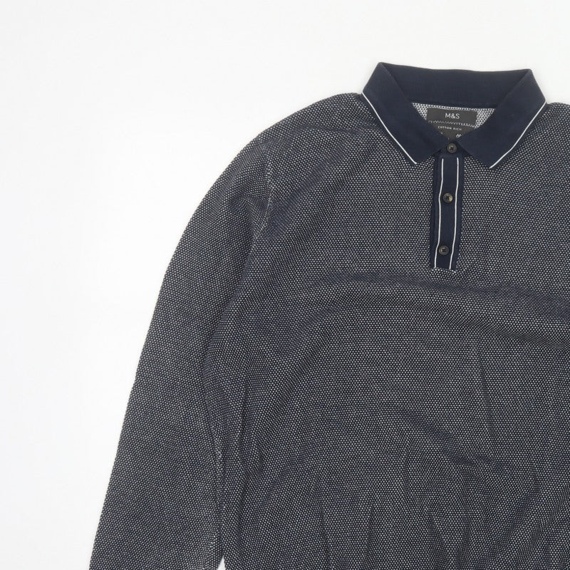 Marks and Spencer Men's Navy L Cotton Rich Collared Henley Knit Jumper