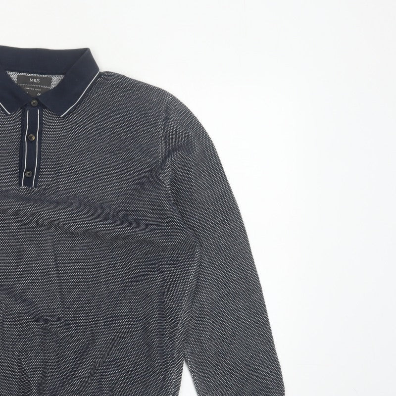 Marks and Spencer Men's Navy L Cotton Rich Collared Henley Knit Jumper