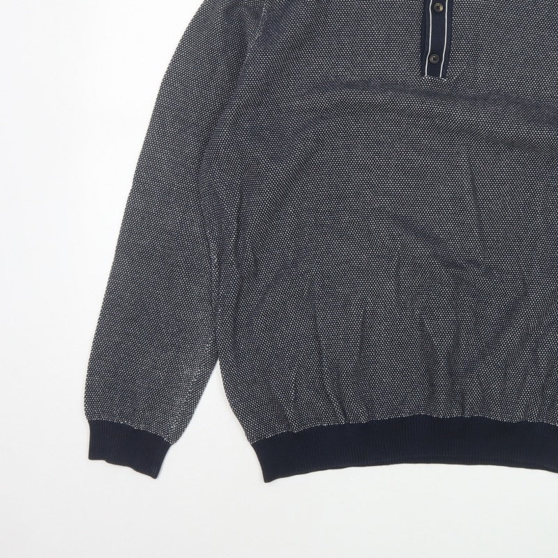 Marks and Spencer Men's Navy L Cotton Rich Collared Henley Knit Jumper