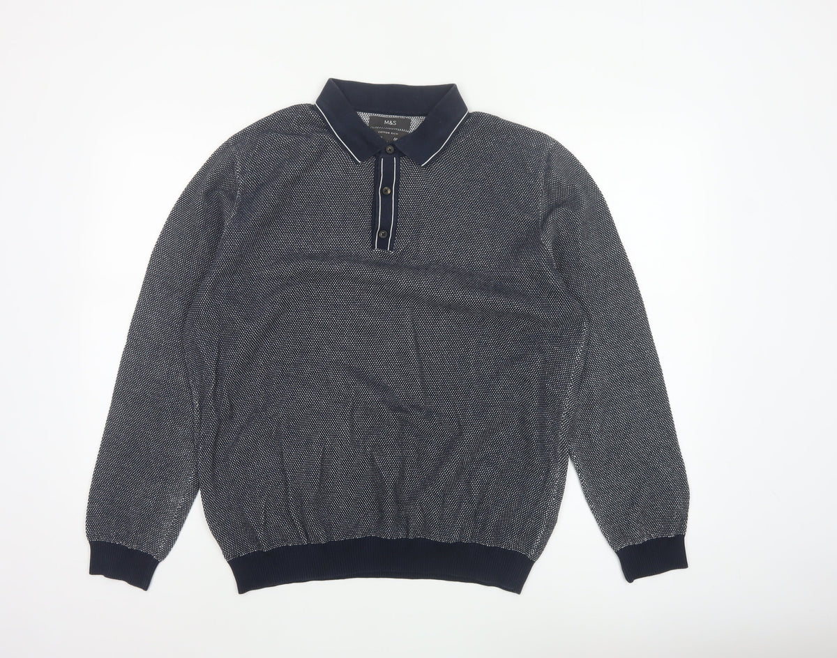 Marks and Spencer Men's Navy L Cotton Rich Collared Henley Knit Jumper