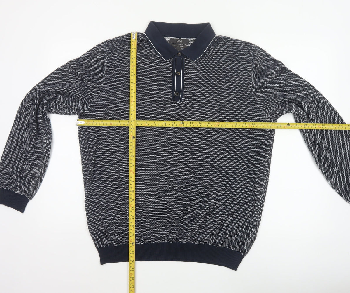Marks and Spencer Men's Navy L Cotton Rich Collared Henley Knit Jumper