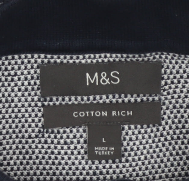Marks and Spencer Men's Navy L Cotton Rich Collared Henley Knit Jumper