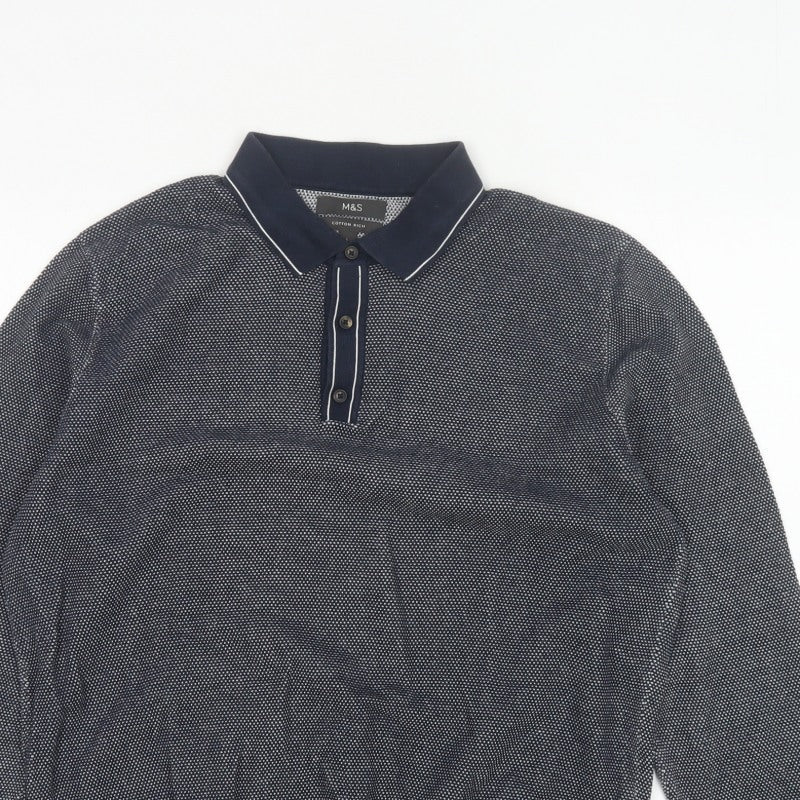 Marks and Spencer Men's Navy L Cotton Rich Collared Henley Knit Jumper