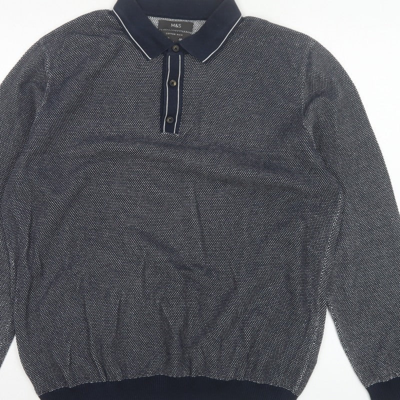 Marks and Spencer Men's Navy L Cotton Rich Collared Henley Knit Jumper