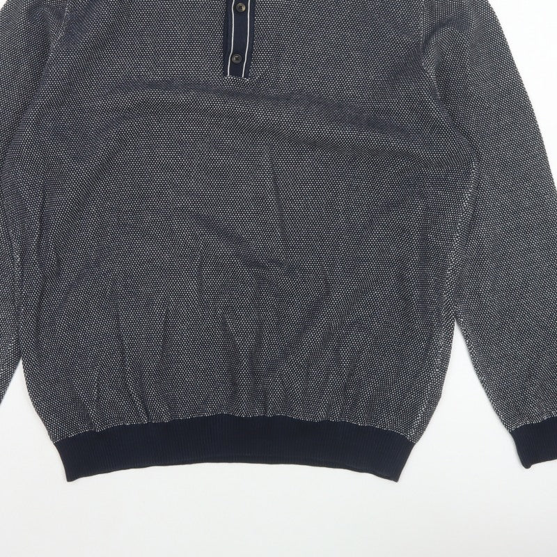 Marks and Spencer Men's Navy L Cotton Rich Collared Henley Knit Jumper