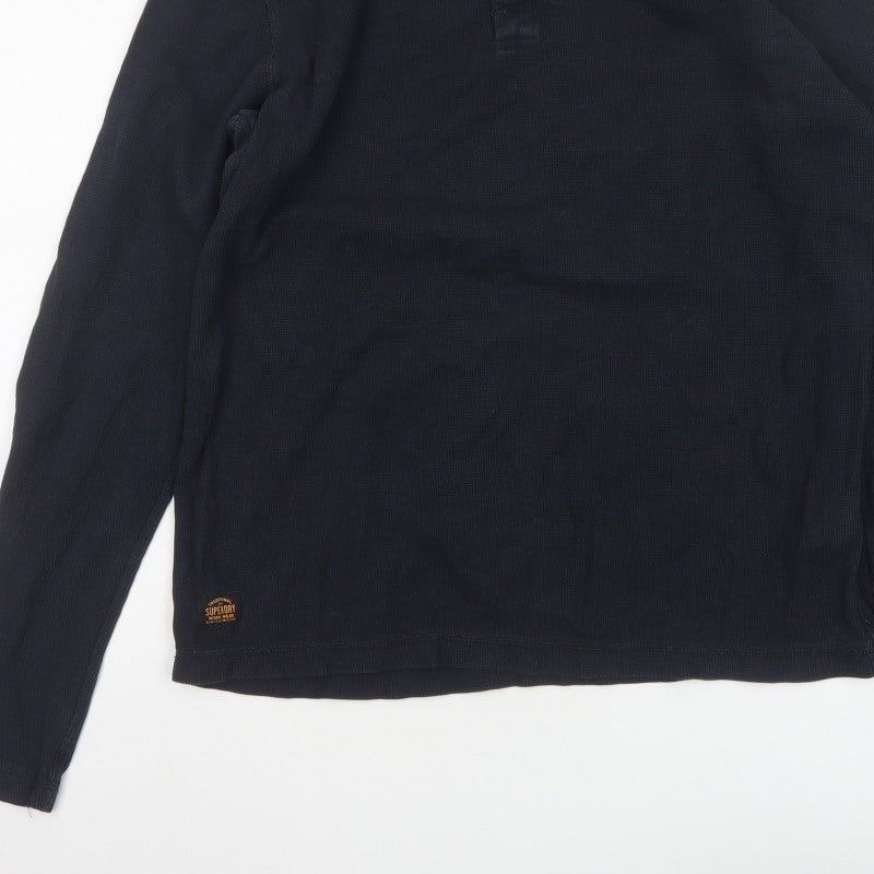 Superdry Men's Blue XL Long Sleeve Cotton Henley Button-Up Top