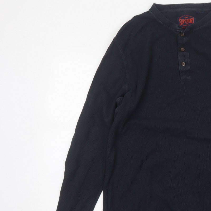 Superdry Men's Blue XL Long Sleeve Cotton Henley Button-Up Top