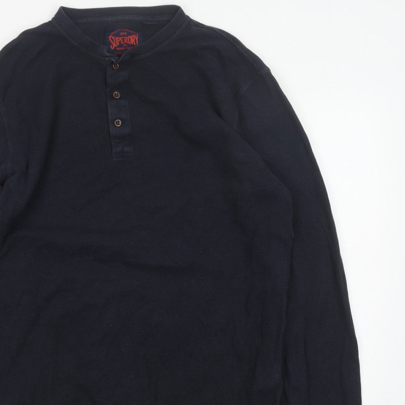 Superdry Men's Blue XL Long Sleeve Cotton Henley Button-Up Top