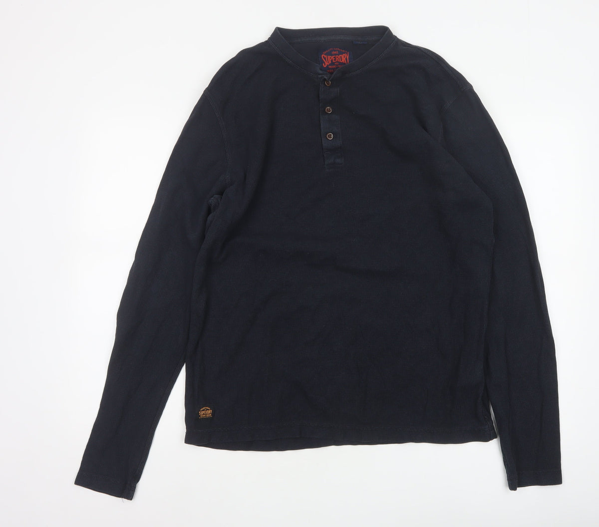 Superdry Men's Blue XL Long Sleeve Cotton Henley Button-Up Top