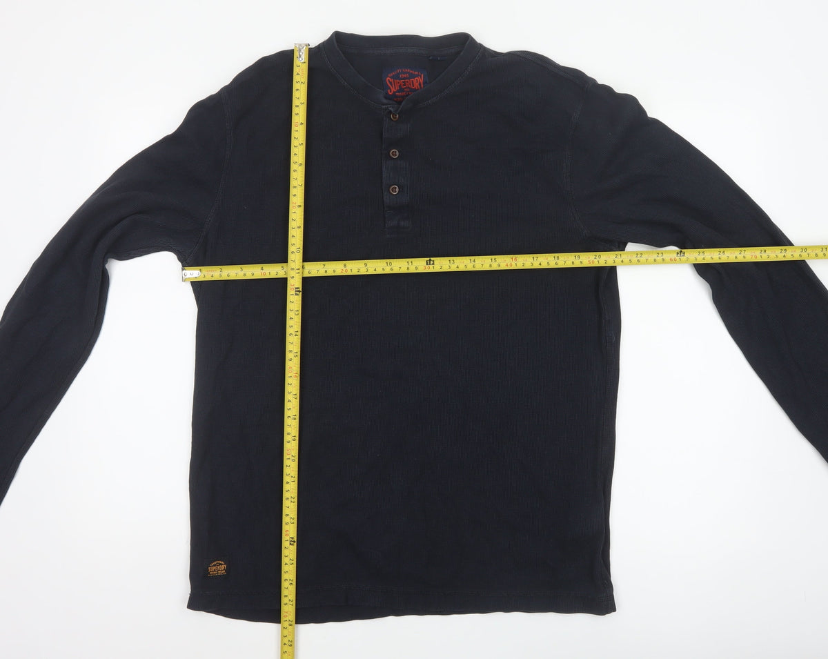 Superdry Men's Blue XL Long Sleeve Cotton Henley Button-Up Top