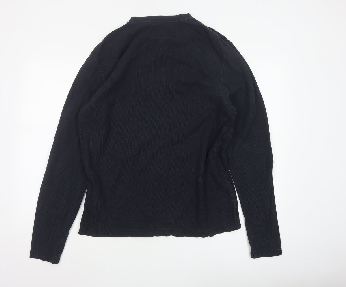 Superdry Men's Blue XL Long Sleeve Cotton Henley Button-Up Top