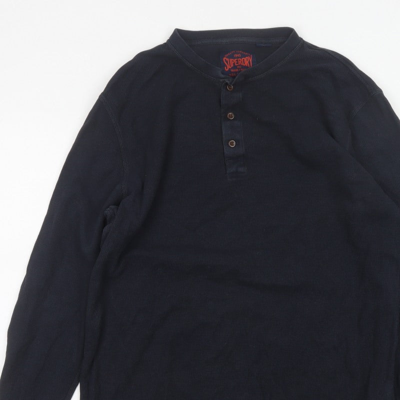 Superdry Men's Blue XL Long Sleeve Cotton Henley Button-Up Top