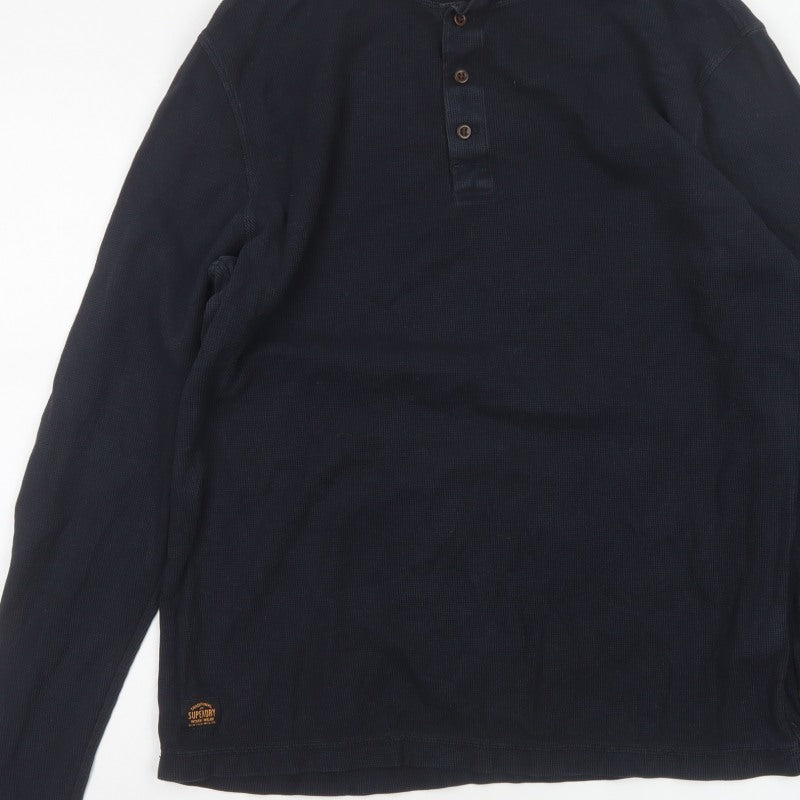 Superdry Men's Blue XL Long Sleeve Cotton Henley Button-Up Top