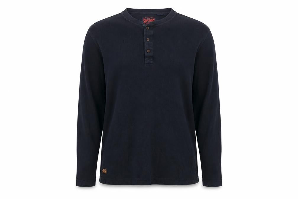 Superdry Men's Blue XL Long Sleeve Cotton Henley Button-Up Top