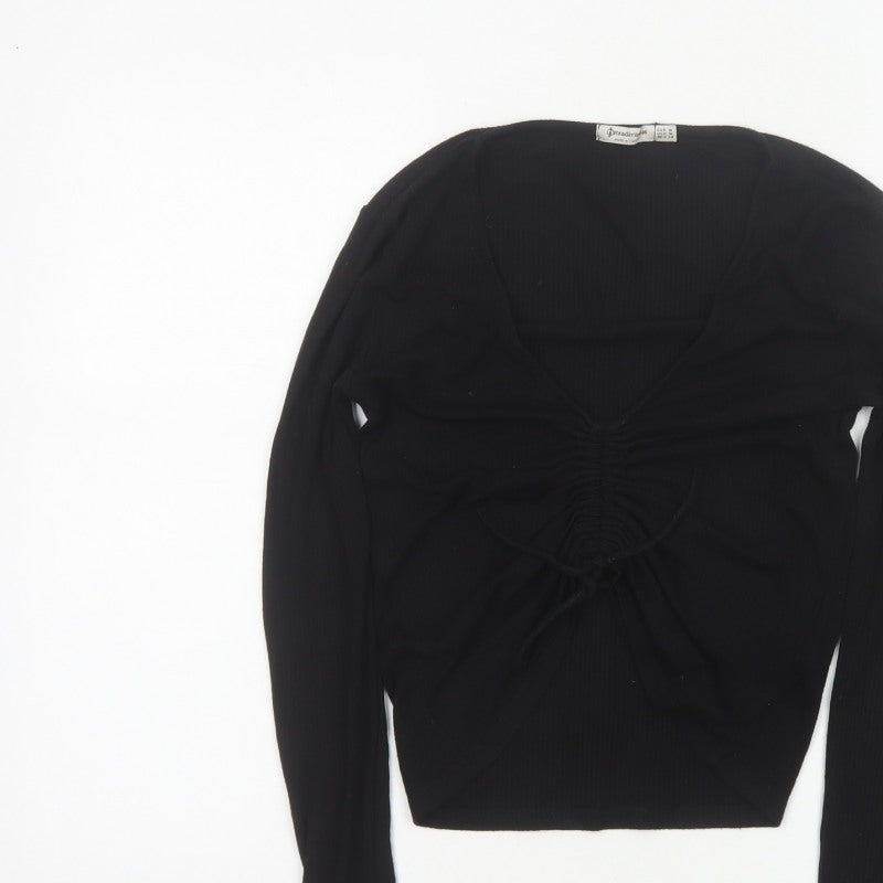 Stradivarius Women Black M Cropped Ruched V-Neck Long Sleeve Stretch Top