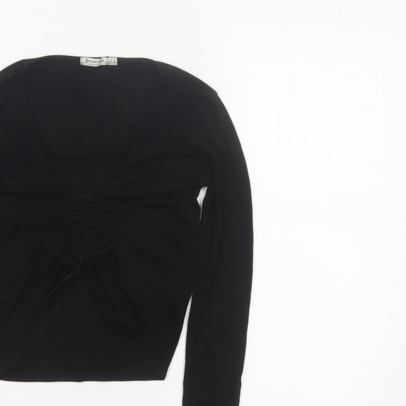 Stradivarius Women Black M Cropped Ruched V-Neck Long Sleeve Stretch Top