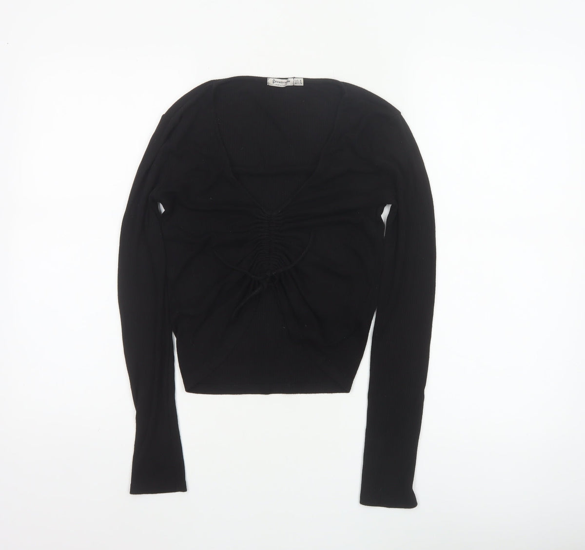 Stradivarius Women Black M Cropped Ruched V-Neck Long Sleeve Stretch Top