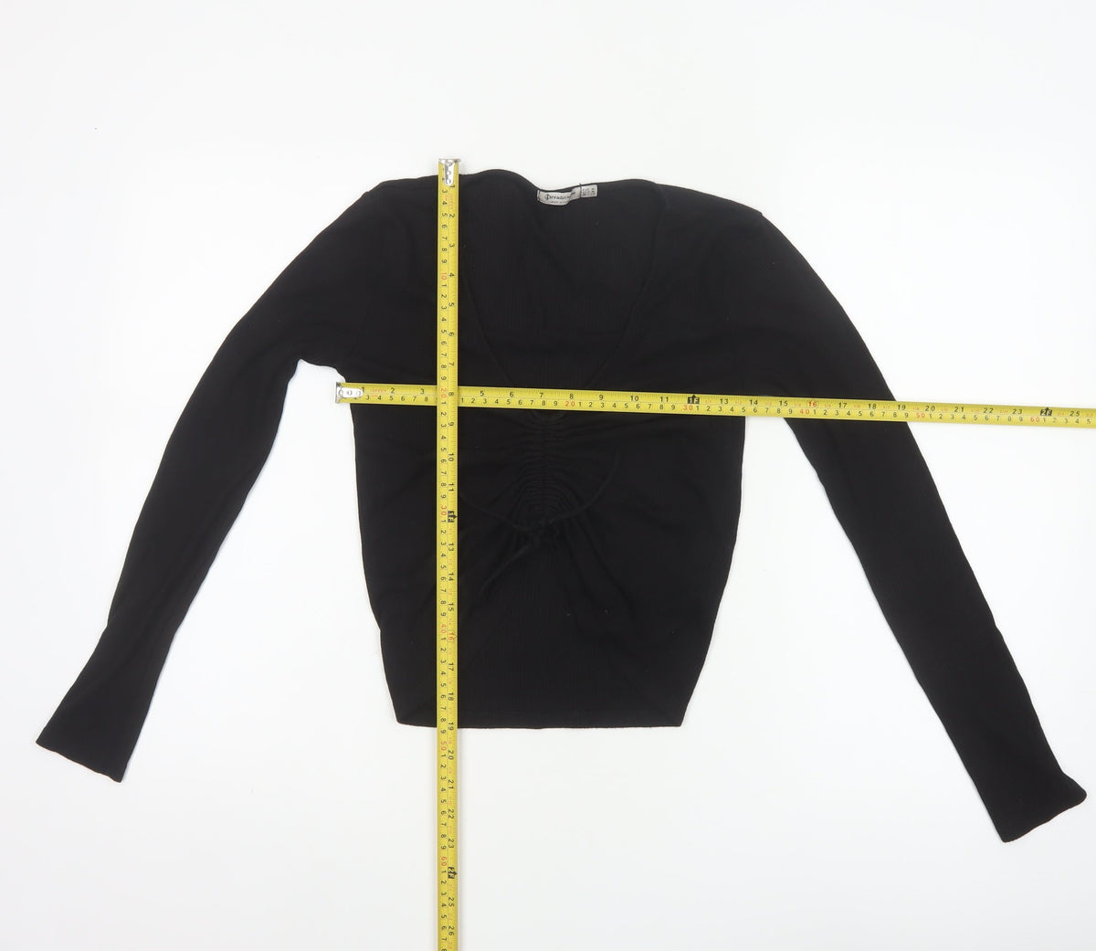 Stradivarius Women Black M Cropped Ruched V-Neck Long Sleeve Stretch Top