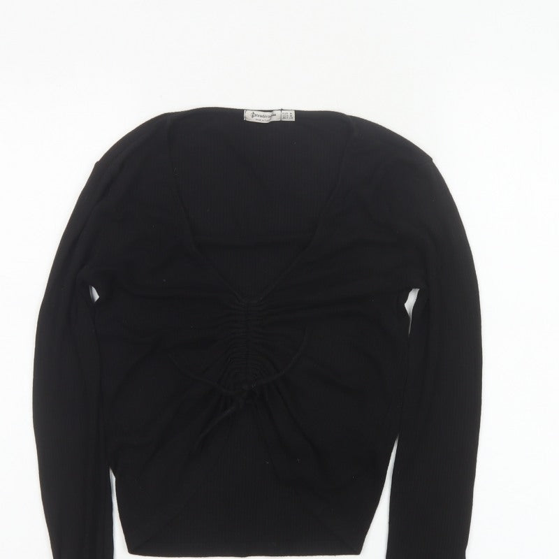 Stradivarius Women Black M Cropped Ruched V-Neck Long Sleeve Stretch Top