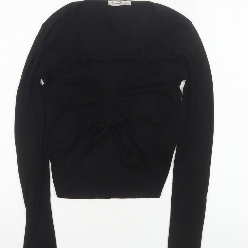 Stradivarius Women Black M Cropped Ruched V-Neck Long Sleeve Stretch Top