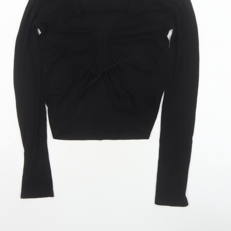 Stradivarius Women Black M Cropped Ruched V-Neck Long Sleeve Stretch Top