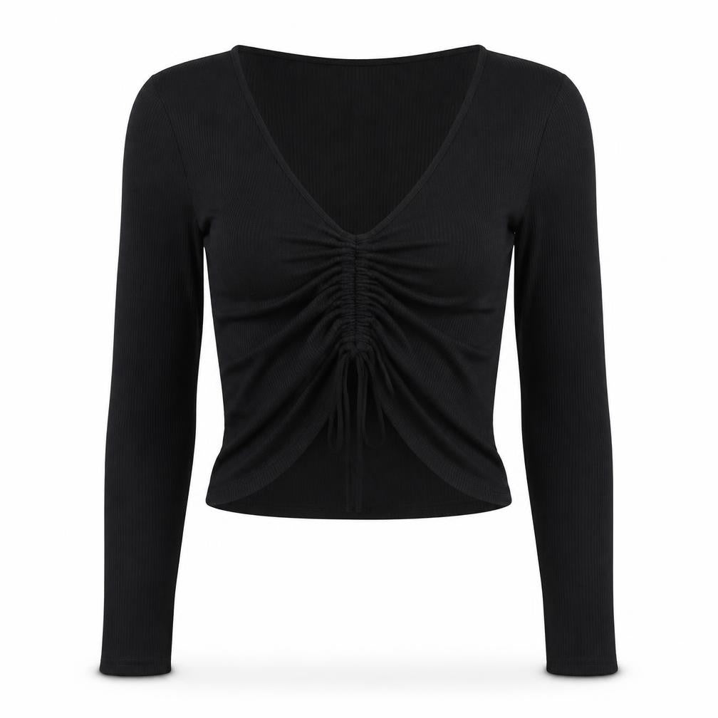 Stradivarius Women Black M Cropped Ruched V-Neck Long Sleeve Stretch Top