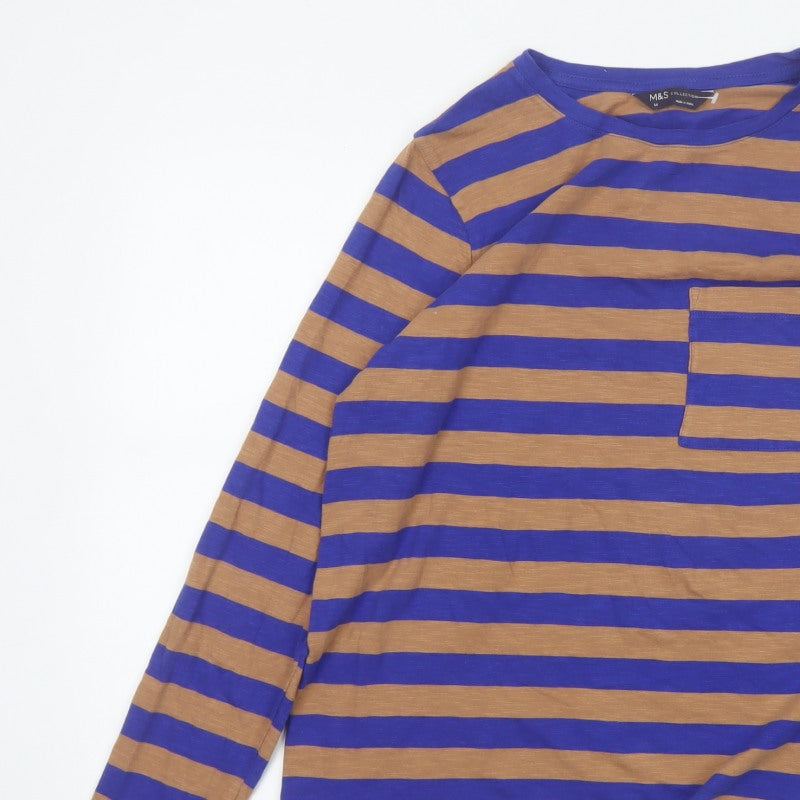 Marks and Spencer Women Blue Brown Stripe Size 14 Long Sleeve T-Shirt