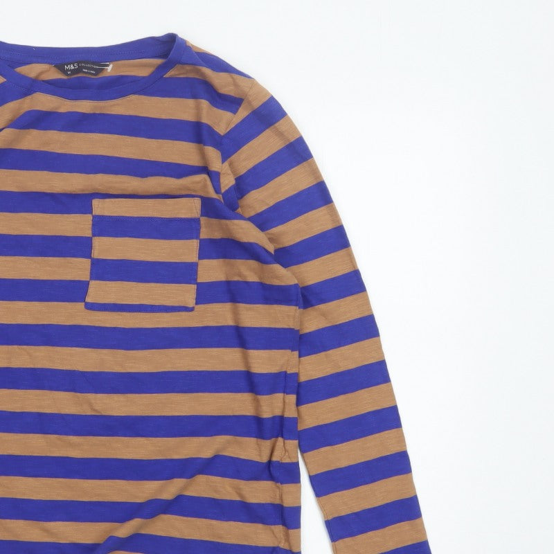 Marks and Spencer Women Blue Brown Stripe Size 14 Long Sleeve T-Shirt