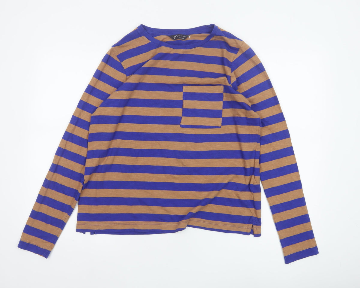 Marks and Spencer Women Blue Brown Stripe Size 14 Long Sleeve T-Shirt