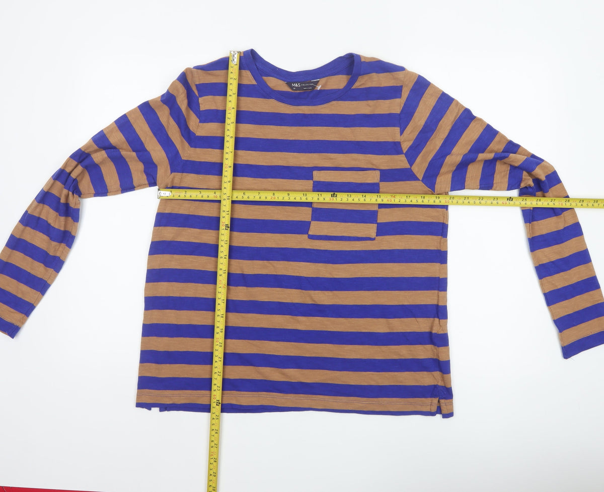 Marks and Spencer Women Blue Brown Stripe Size 14 Long Sleeve T-Shirt