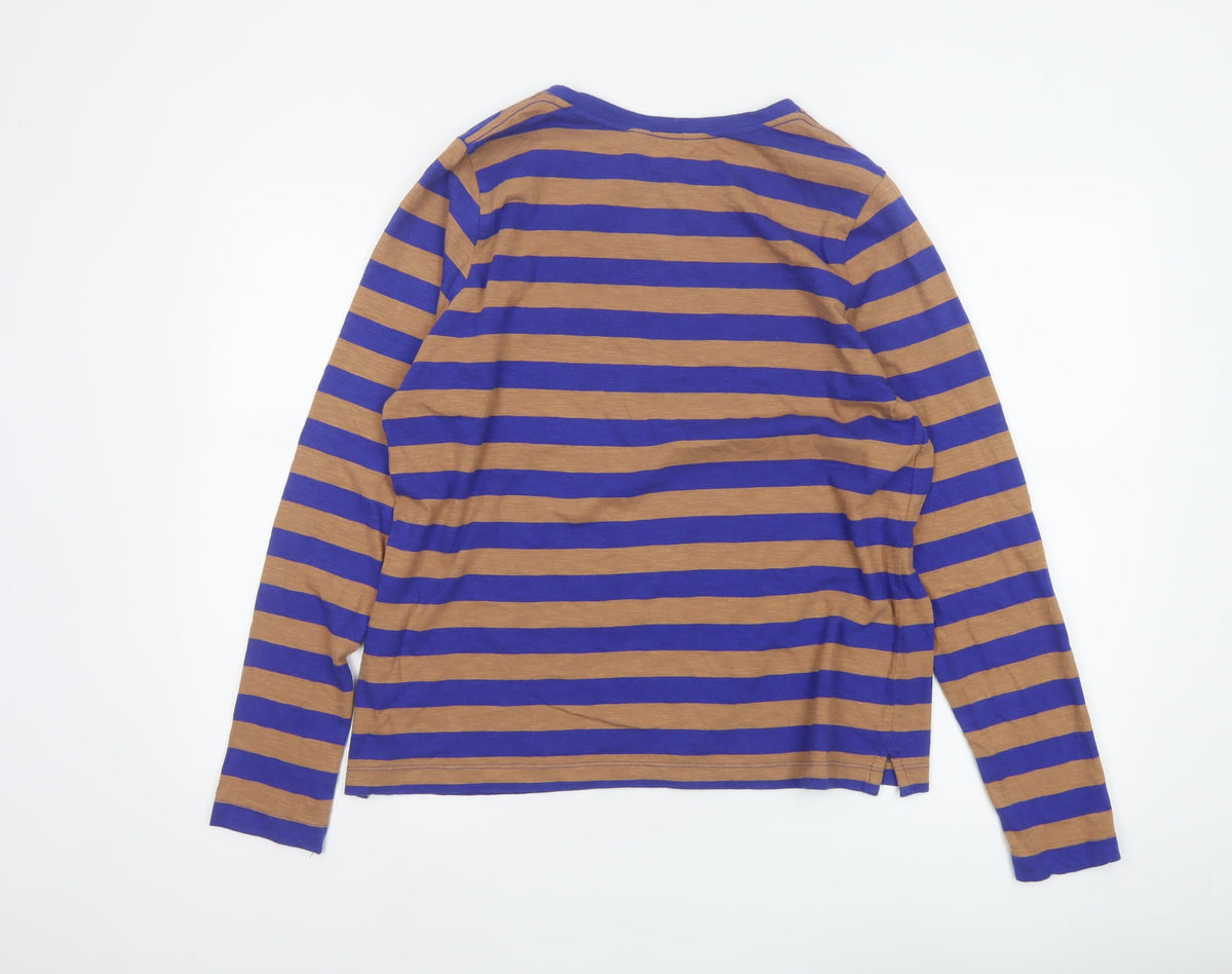Marks and Spencer Women Blue Brown Stripe Size 14 Long Sleeve T-Shirt