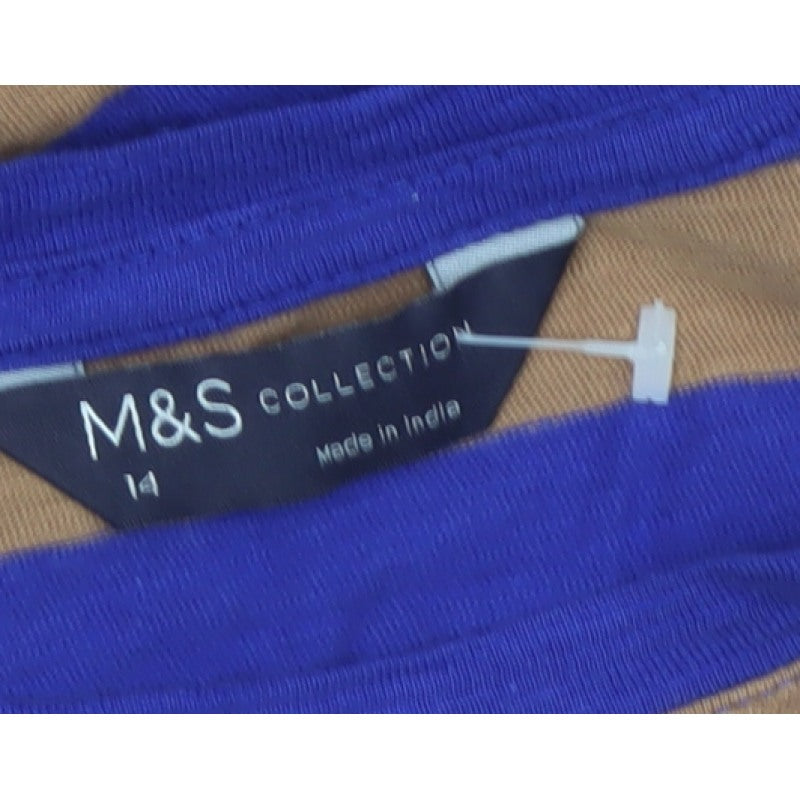 Marks and Spencer Women Blue Brown Stripe Size 14 Long Sleeve T-Shirt