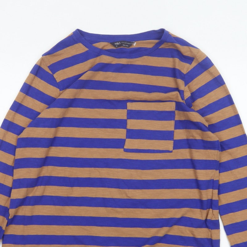 Marks and Spencer Women Blue Brown Stripe Size 14 Long Sleeve T-Shirt