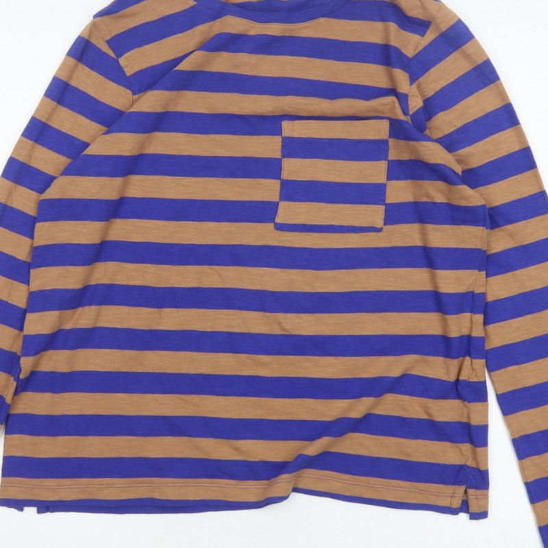 Marks and Spencer Women Blue Brown Stripe Size 14 Long Sleeve T-Shirt