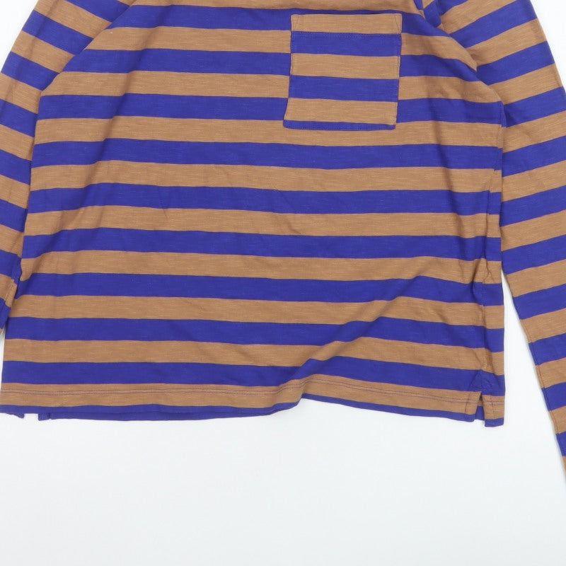Marks and Spencer Women Blue Brown Stripe Size 14 Long Sleeve T-Shirt
