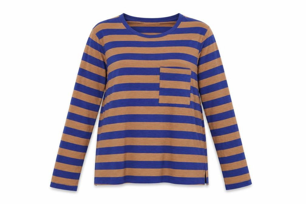 Marks and Spencer Women Blue Brown Stripe Size 14 Long Sleeve T-Shirt