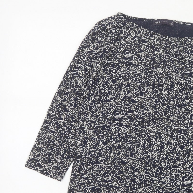 Marks and Spencer Women Blue Floral 18 3/4 Sleeve Round Neck Blouse