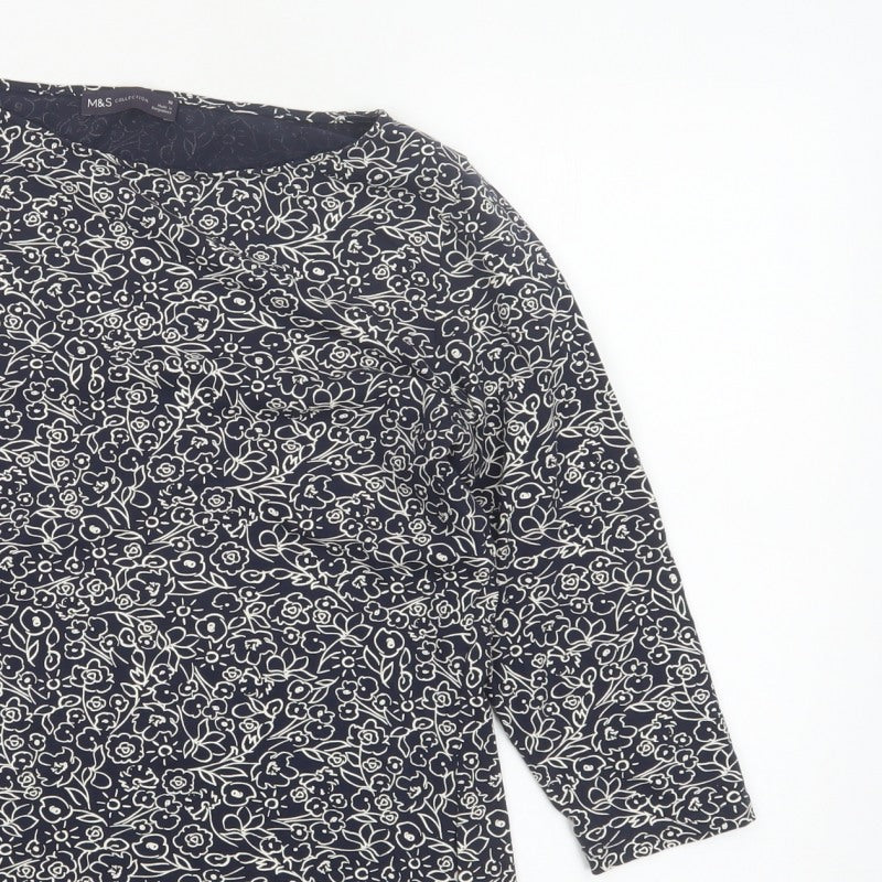Marks and Spencer Women Blue Floral 18 3/4 Sleeve Round Neck Blouse