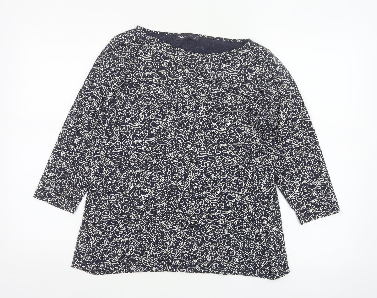 Marks and Spencer Women Blue Floral 18 3/4 Sleeve Round Neck Blouse