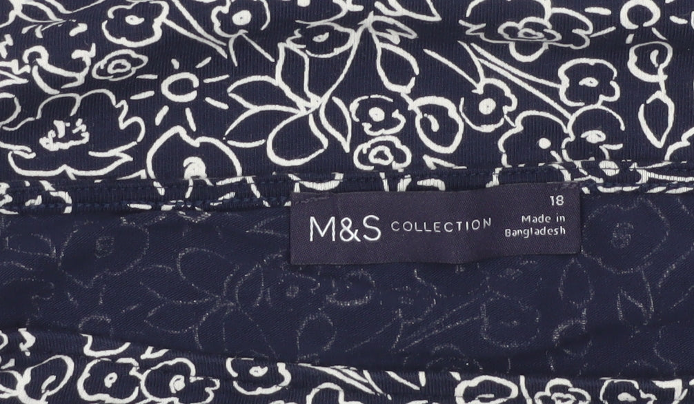 Marks and Spencer Women Blue Floral 18 3/4 Sleeve Round Neck Blouse
